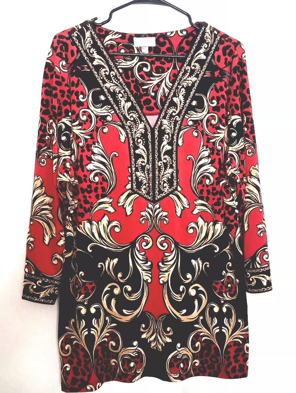 JM Collection Red Gold Black Baroque Blouse Size XL